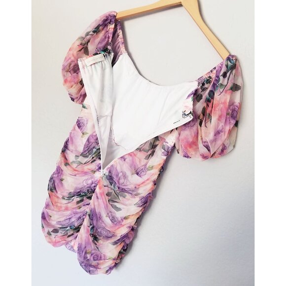 Donnee Par Dieu Corset Floral Ruched Mesh Puff Sleeve Bodycon Mini Dress Fairy M - Picture 10 of 16